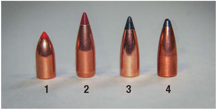 The Blaser R8’s 1:16-inch twist caused some stabilization issues. The rifle would stabilize the 35-grain Hornady V-MAX (1) but not the 35-grain NTX (2); the Nosler 40-grain Tipped Varmageddon (3) stabilized well, but the 45-grain Sierra Varminter Spitzer (4) struggled.